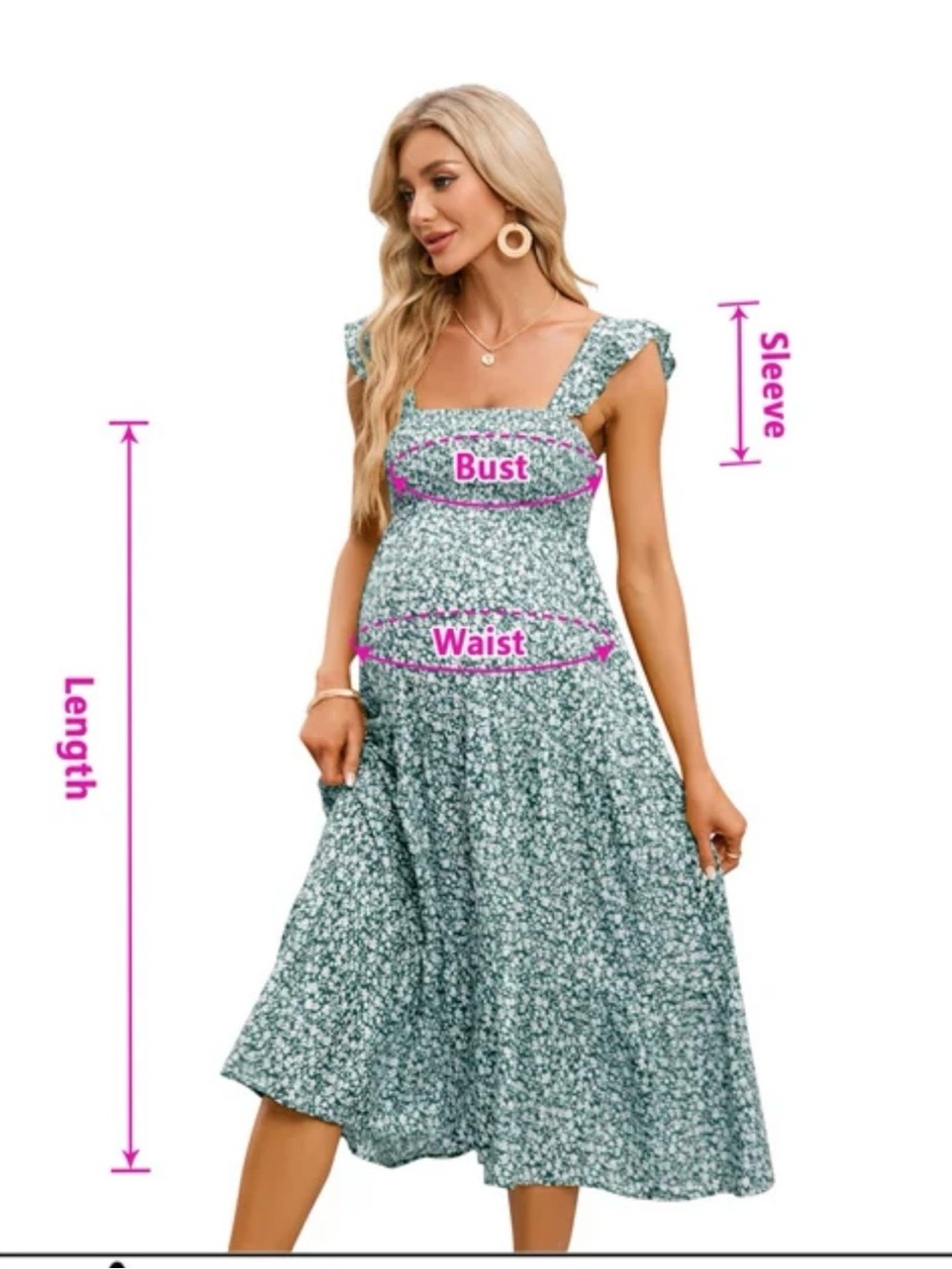 Maternity Floral Square-Neck Midi Dress in Sage Green